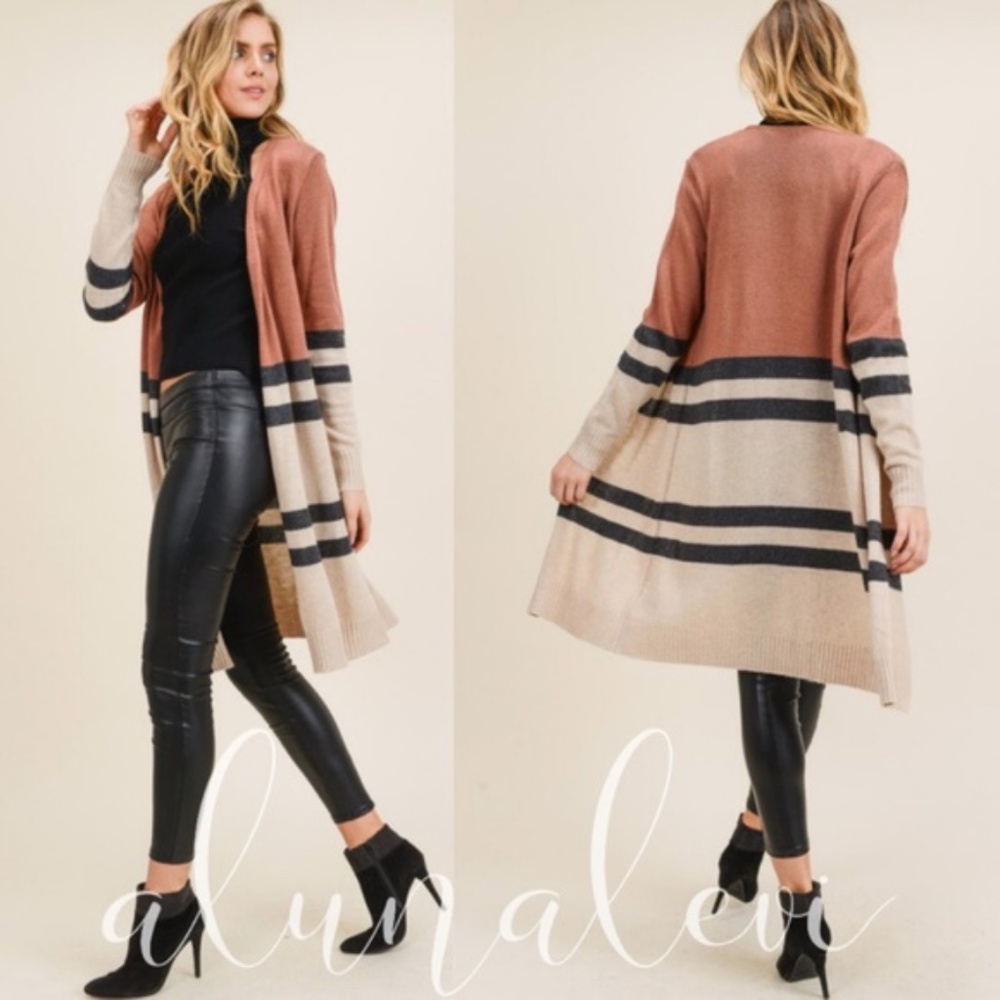Color block cashmere blend long cardigan -RUST - Picture 2 of 5